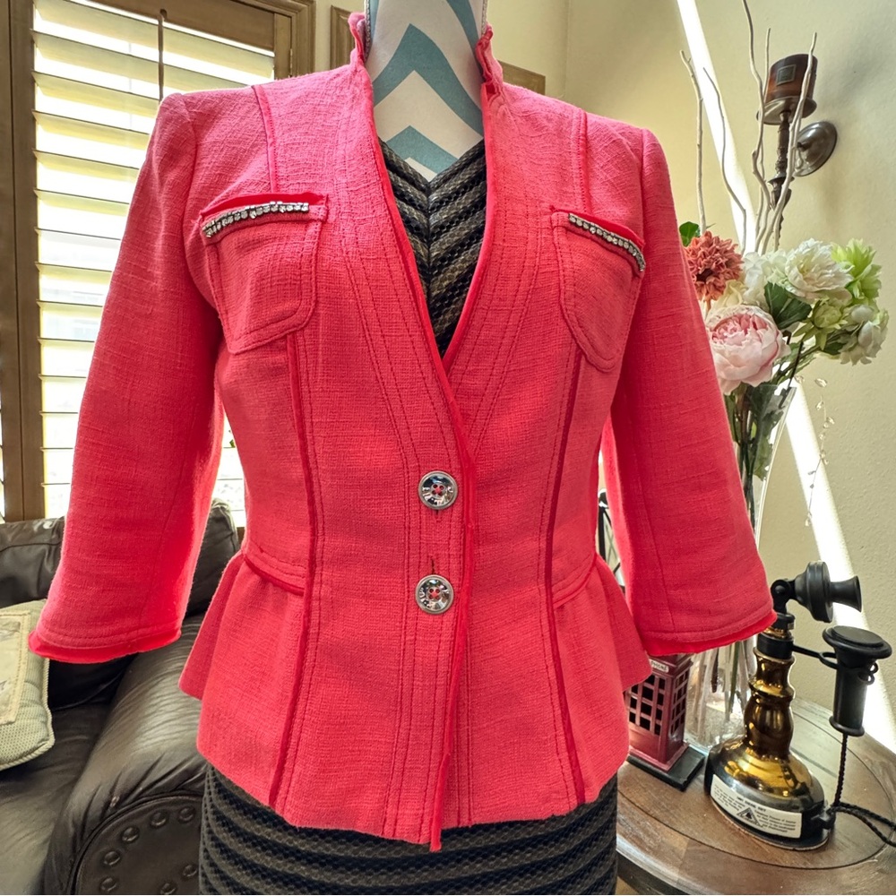 “White/House Black Market” Coral Blazer with Embellished Pockets